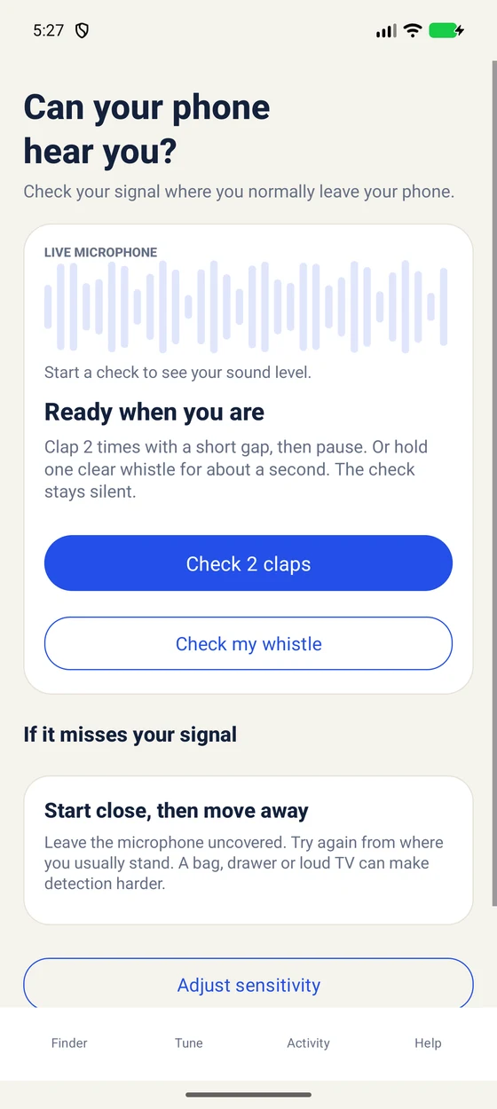 ClapWhistle Signal check with a live microphone meter and the two-clap test.