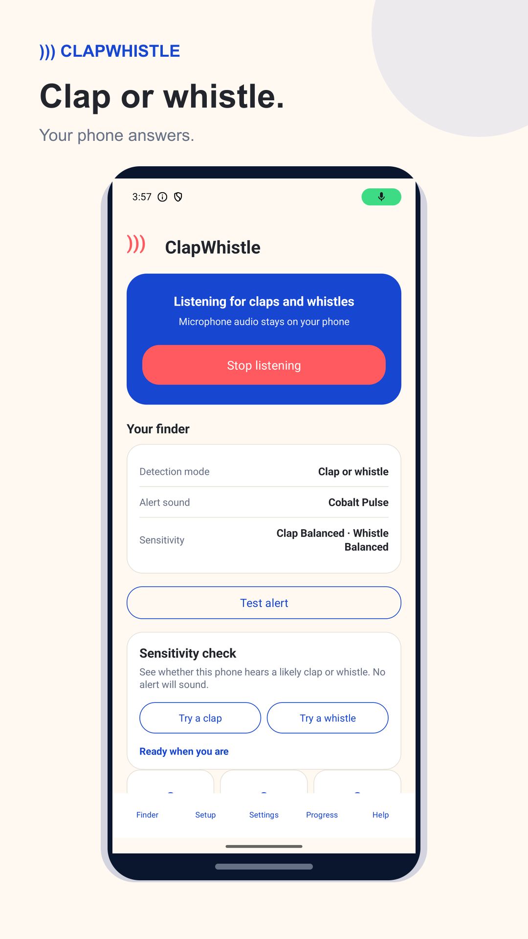 ClapWhistle listening screen with clap and whistle detection turned on