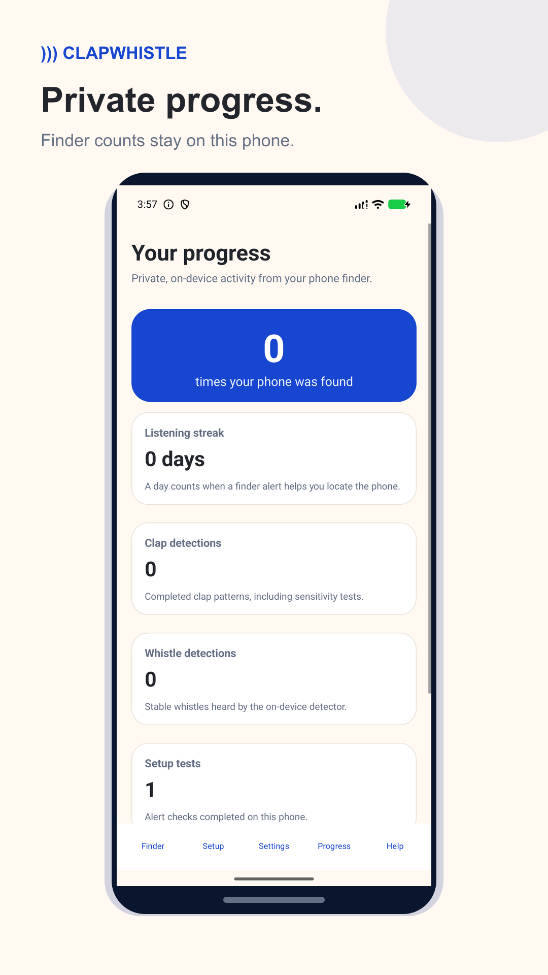 ClapWhistle progress screen showing finder counts stored on the phone