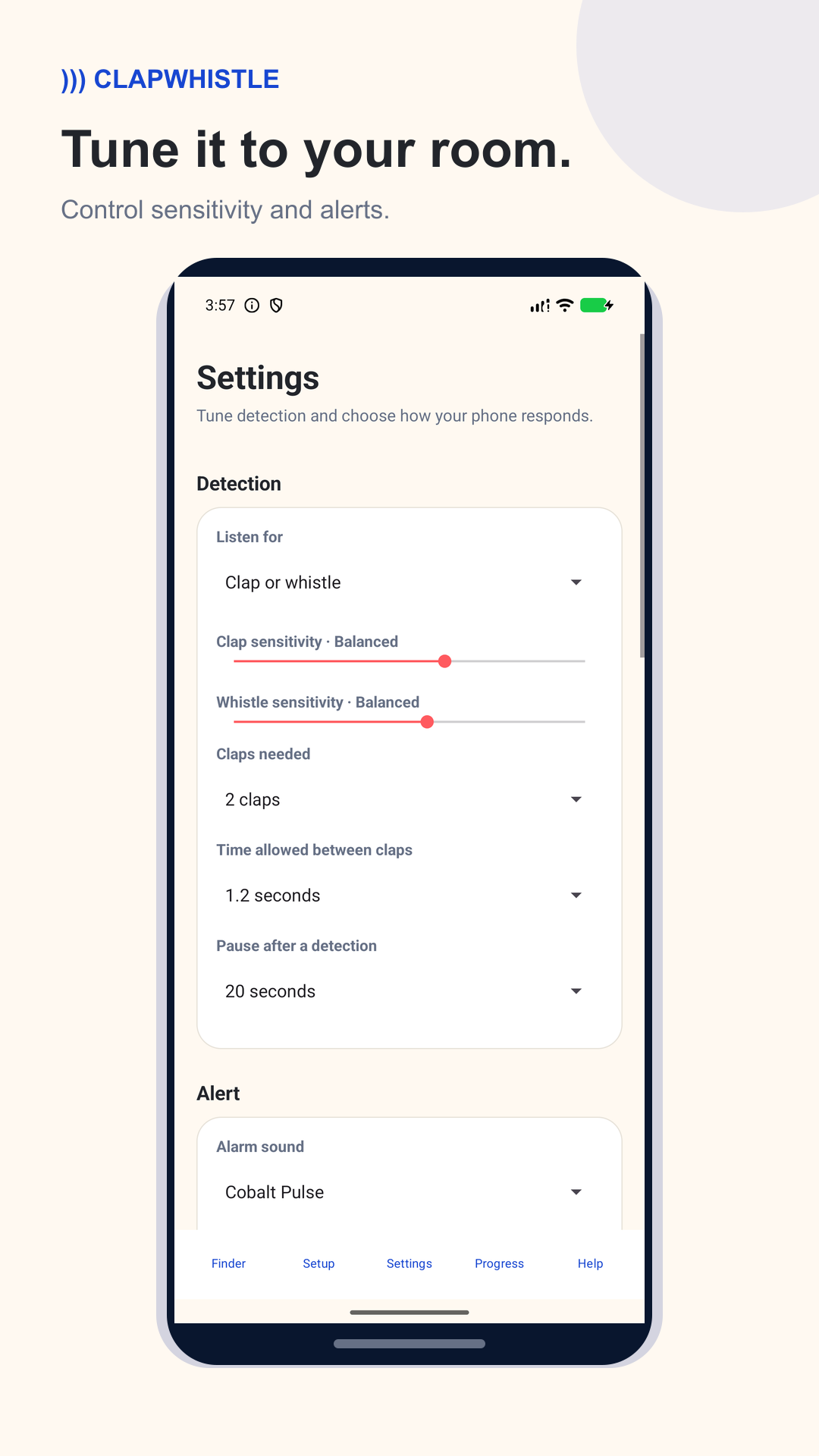 ClapWhistle setup screen for choosing room noise and clap sensitivity